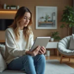 Femme assise sur un canapé utilisant une tablette pour un design intérieur