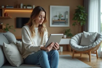 Femme assise sur un canapé utilisant une tablette pour un design intérieur