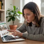 Femme examinant des avis clients sur un site de meubles comme Casa Corner sur son ordinateur portable à domicile