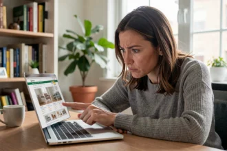 Femme examinant des avis clients sur un site de meubles comme Casa Corner sur son ordinateur portable à domicile