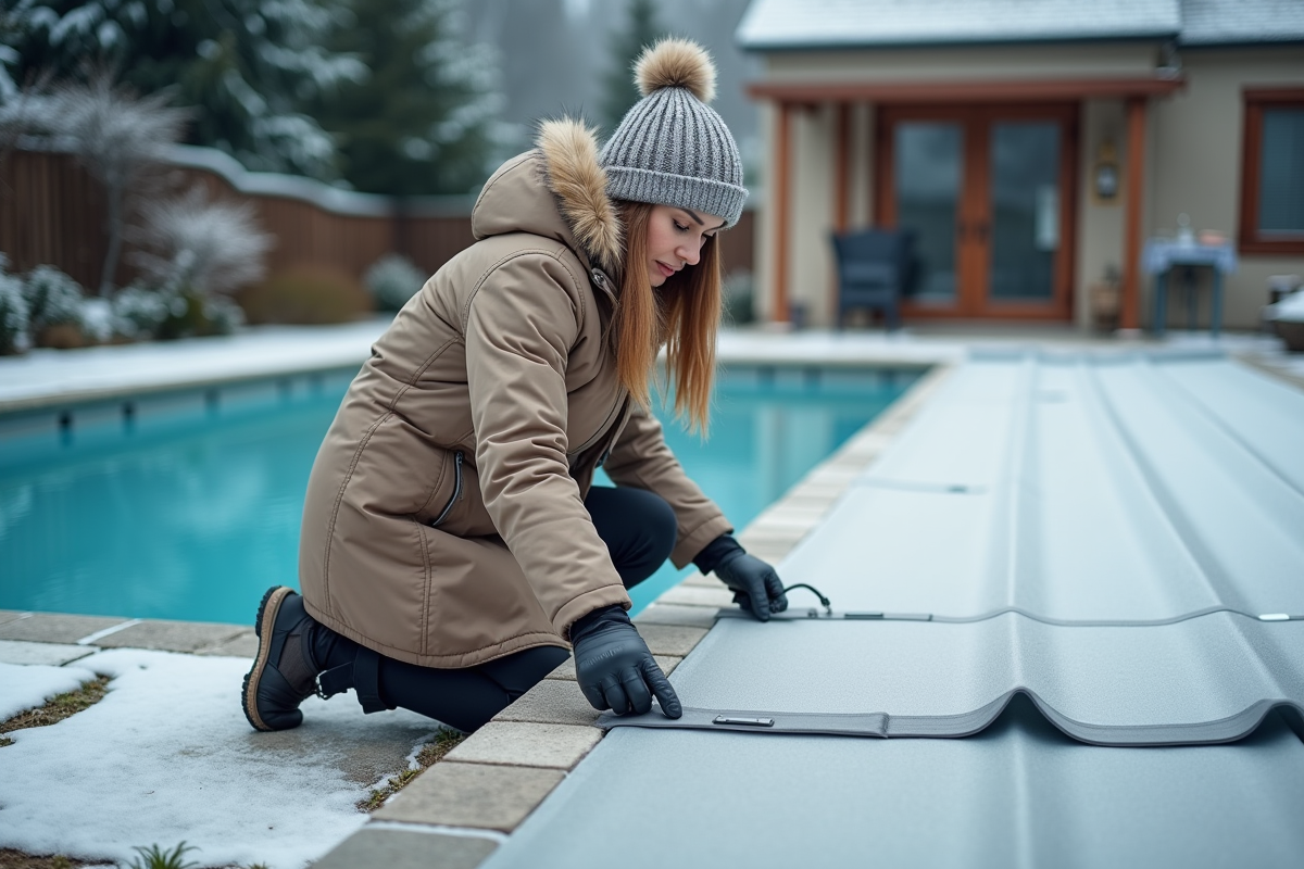 Femme ajustant la bâche de piscine en hiver dans le jardin