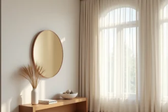 Coin salon décoré selon le feng shui direction ouest avec tons dorés, miroir cuivré et accessoires en céramique blanche
