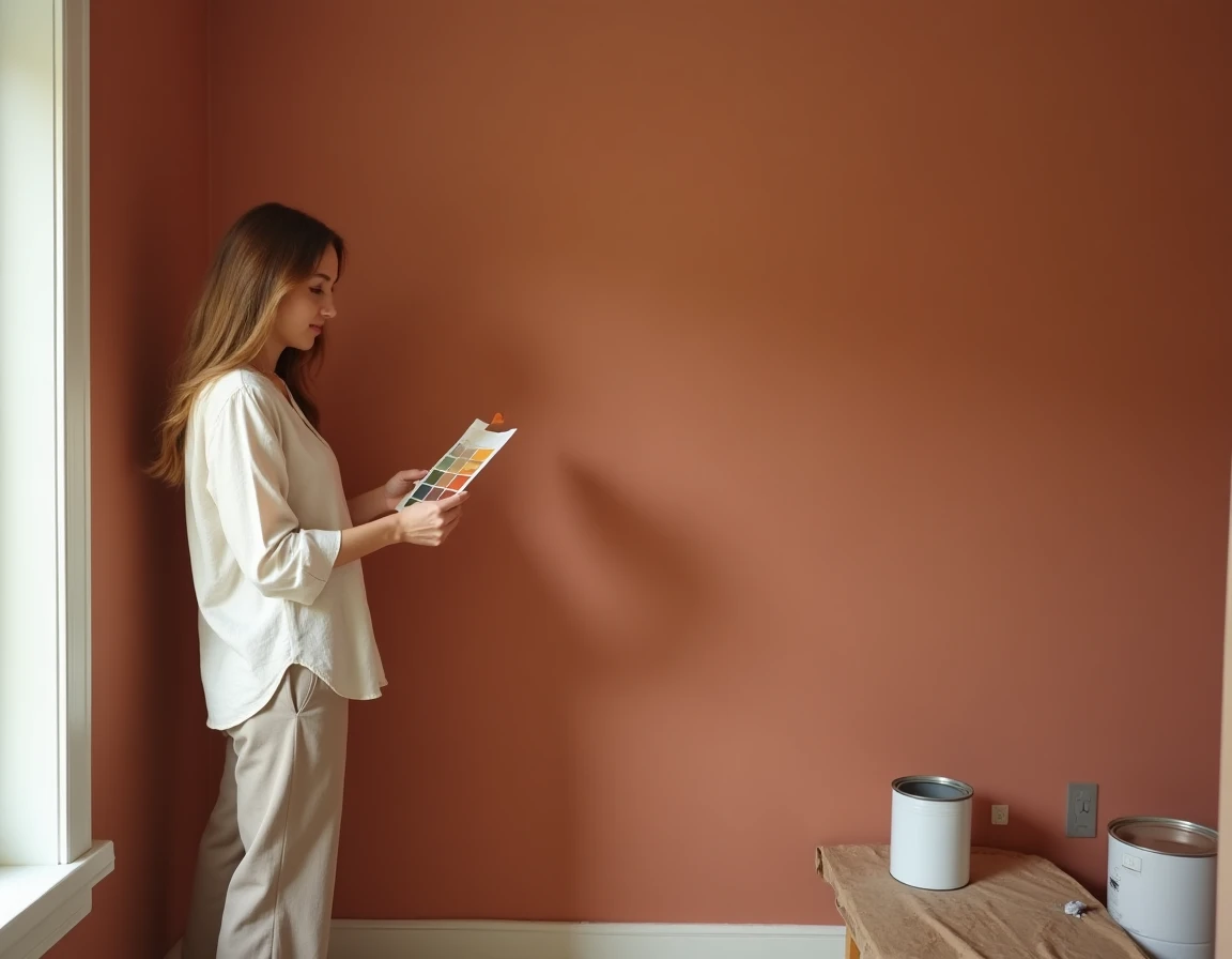 Femme comparant des nuanciers de couleurs feng shui devant un mur couleur terracotta orienté ouest en cours de rénovation