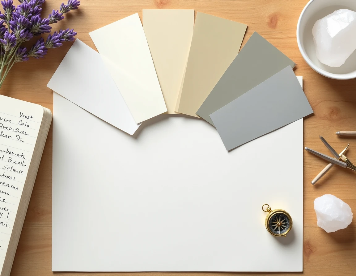 Disposition à plat d'éléments feng shui pour la direction ouest : nuanciers, boussole, cristal et carnet de notes sur bois clair