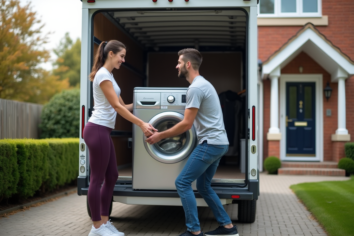 Jeune femme aidant son père à charger la machine dans une camionnette
