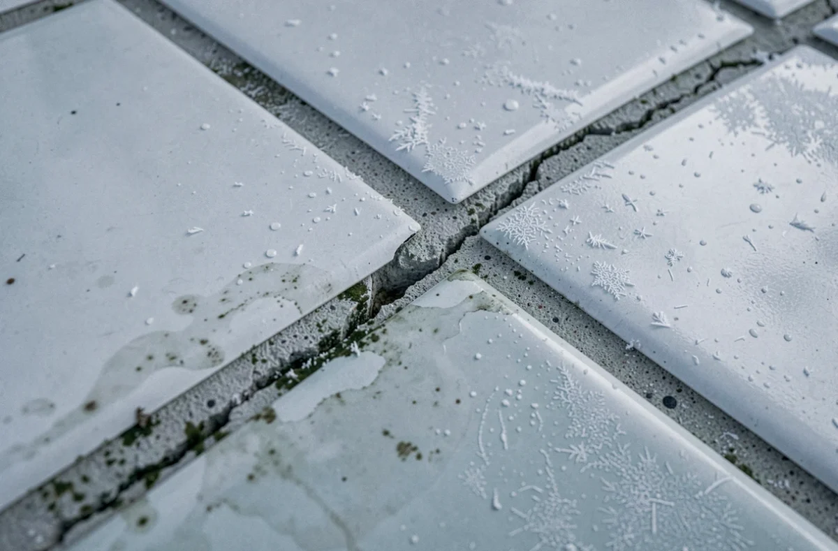Fissure dans le joint de carrelage d'une piscine vide causée par le gel et les variations thermiques