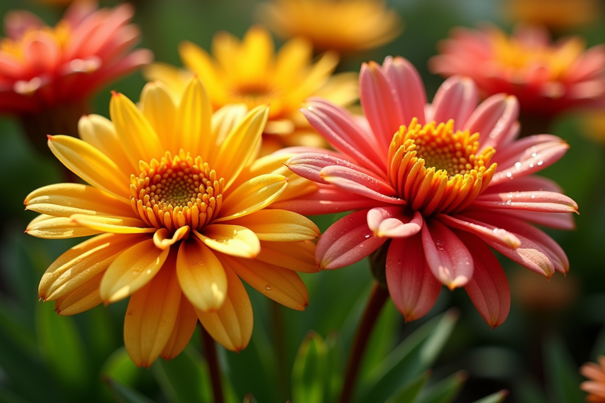 Fleurs exotiques colorées avec kalanchoe et kniphofia en plein soleil