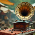 Gramophone ancien avec pavillon en laiton posé sur une table en bois à la brocante, entouré de vinyles et d'objets vintage