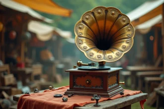Gramophone ancien avec pavillon en laiton posé sur une table en bois à la brocante, entouré de vinyles et d'objets vintage