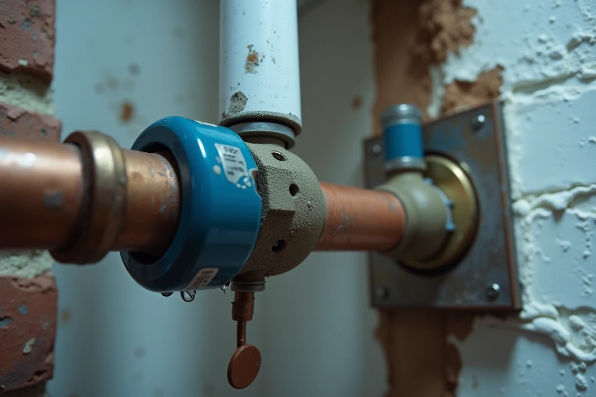 Gros plan d'un aimant anti-calcaire fixé sur un tuyau en cuivre près d'un compteur d'eau