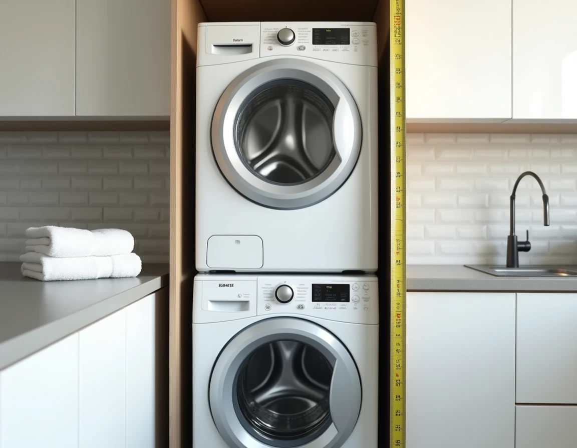 Gros plan d'une machine à laver encastrée avec mètre ruban illustrant la hauteur standard d'installation