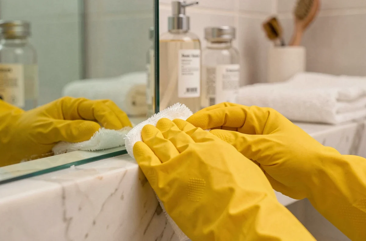 Gros plan de mains gantées polissant un miroir de salle de bain sans traces pour recevoir des invités