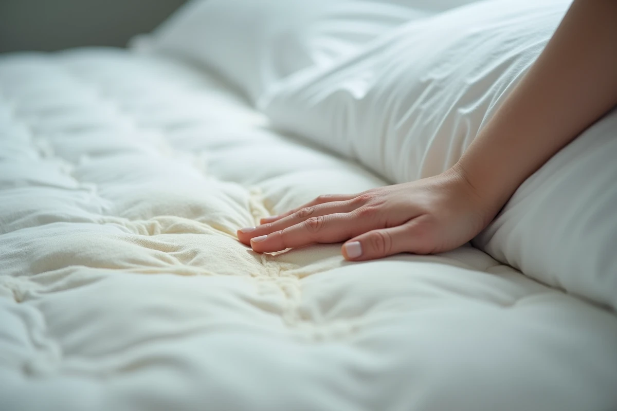 Gros plan sur la surface d'un matelas bas de gamme affaissé avec une main testant le manque de soutien