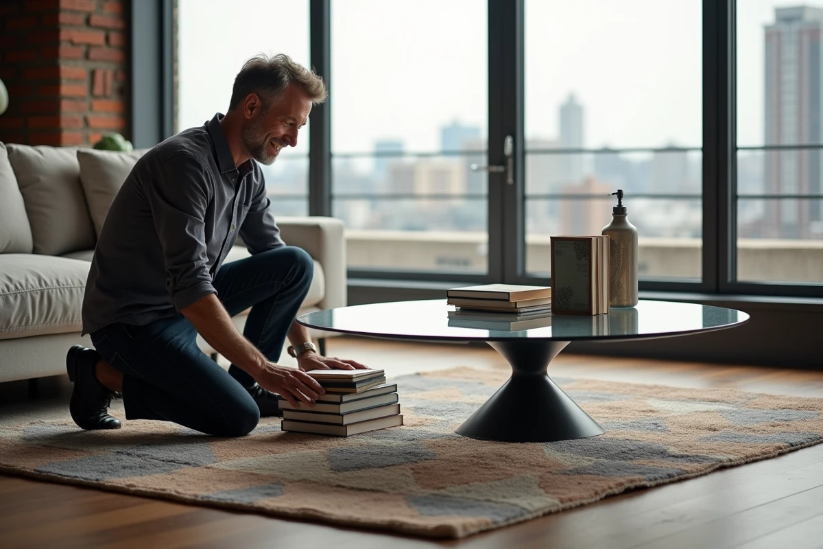 Homme arrangeant des livres sur un tapis géométrique dans un appartement
