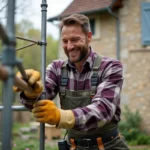 Homme en travaux assemble un echafaudage devant une maison