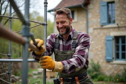 Homme en travaux assemble un echafaudage devant une maison