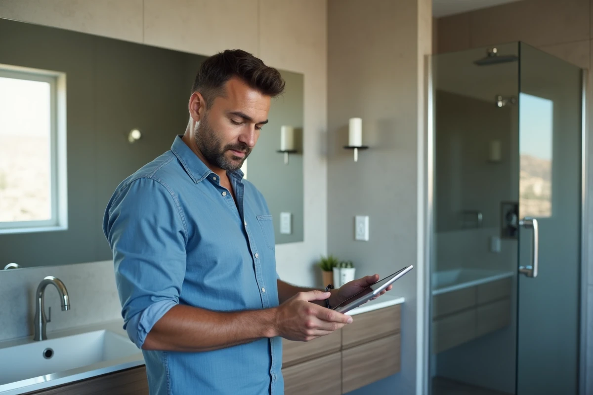 Homme vérifiant plans de rénovation dans une salle de bain