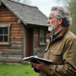 Homme d'âge moyen examinant une cabane en bois dans un jardin
