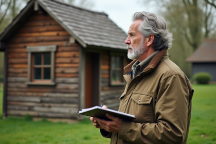 Homme d'âge moyen examinant une cabane en bois dans un jardin