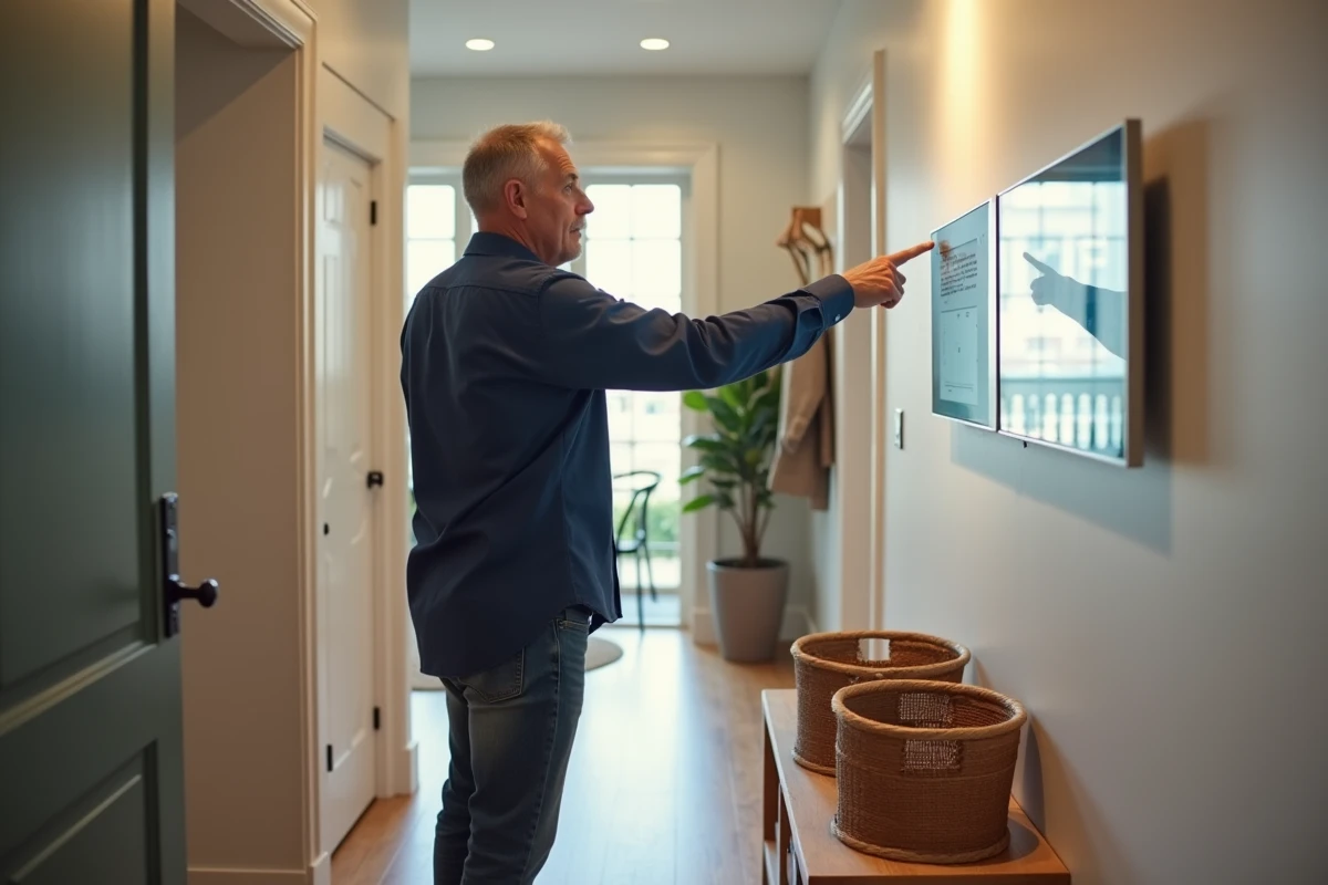 Homme utilisant un panneau de commande domotique dans un couloir