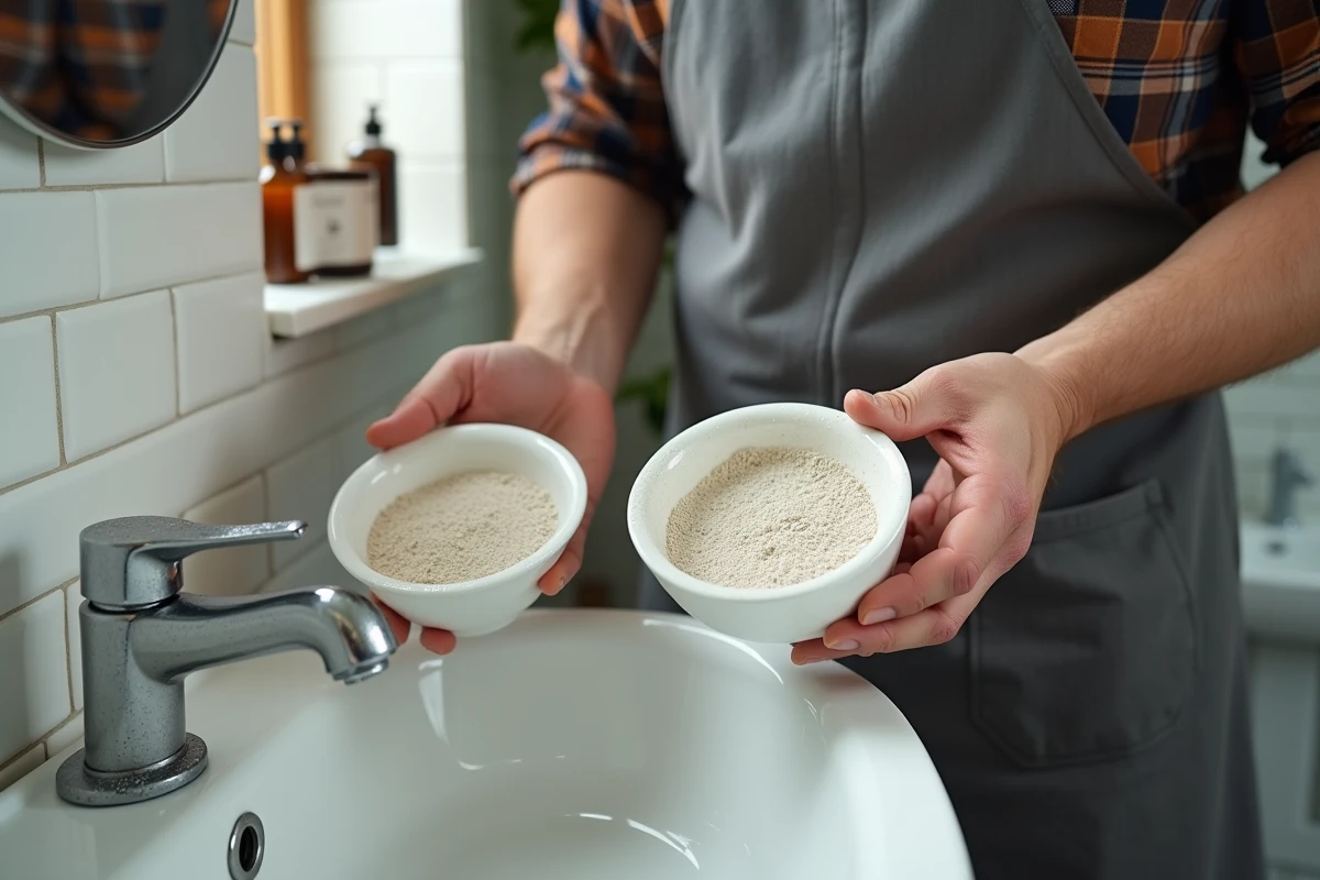 Homme comparant deux surfaces de salle de bain avec et sans dépôts de calcaire près d'un robinet
