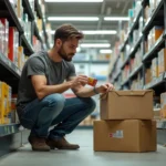 Homme comparant des prix de matériaux de bricolage dans un rayon de quincaillerie pour petits travaux à budget limité