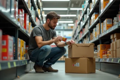 Homme comparant des prix de matériaux de bricolage dans un rayon de quincaillerie pour petits travaux à budget limité