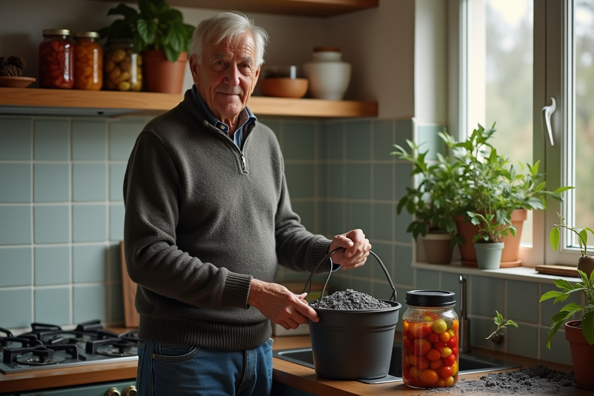 Homme ajoutant de la cendre dans le compost de cuisine