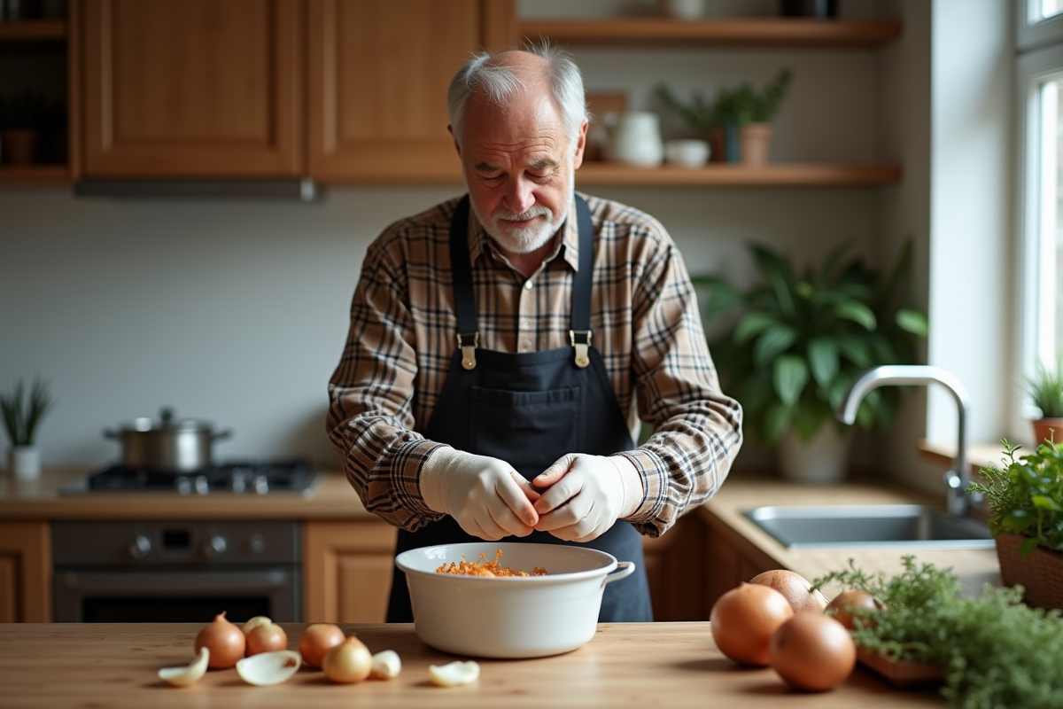 Homme âgé séparant peaux d