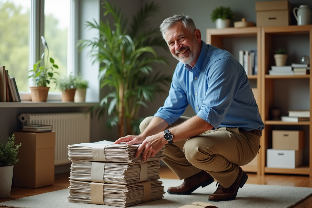 Homme emballant des livres dans un bureau organisé