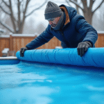 Homme en veste et bonnet étire une couverture piscine en hiver