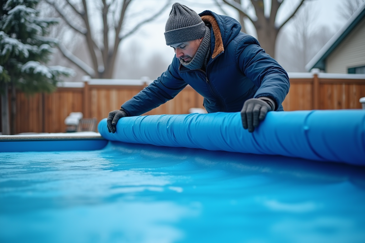 Homme en veste et bonnet étire une couverture piscine en hiver