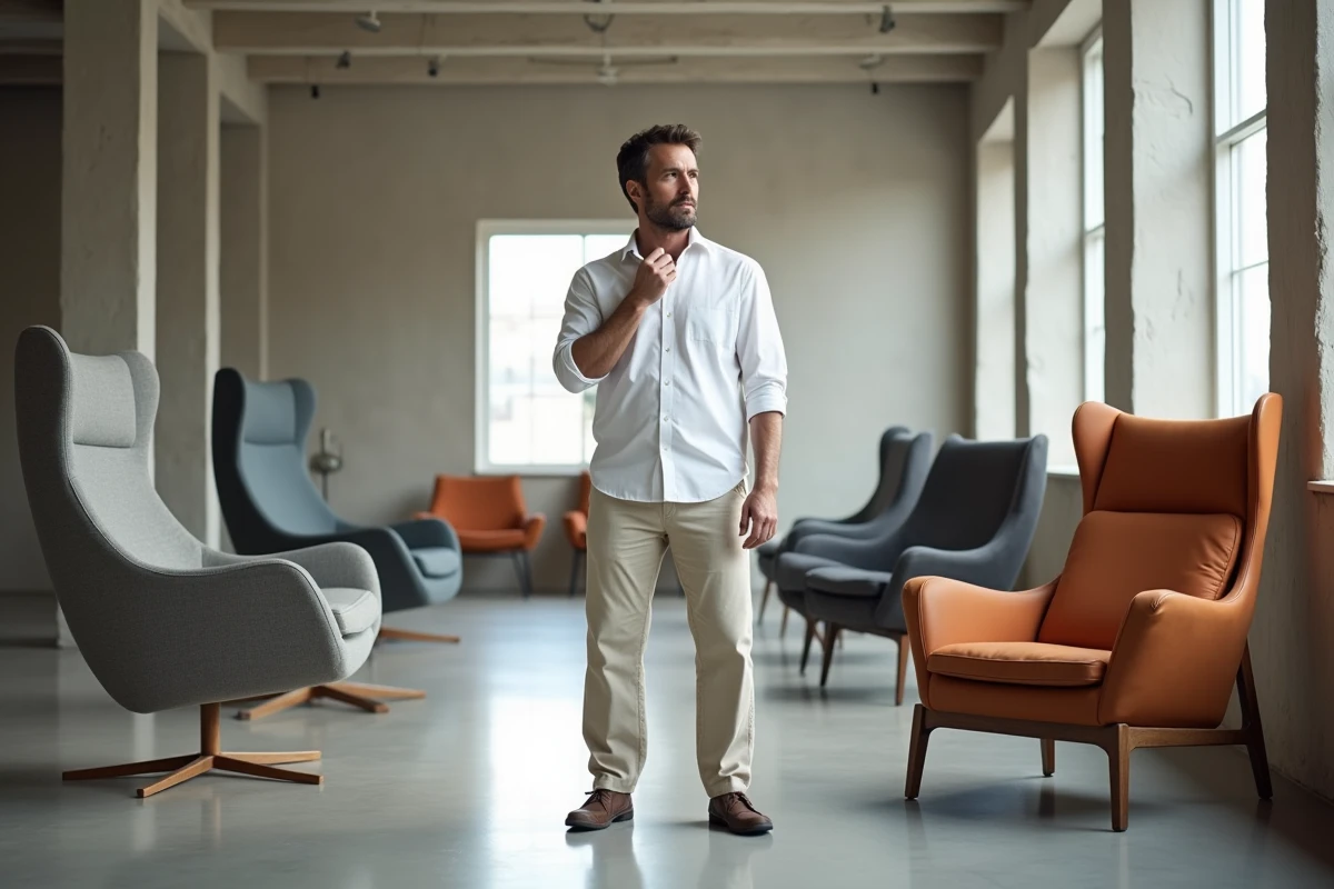 Homme examinant des fauteuils modernes en showroom