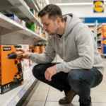 Un homme examine une perceuse Parkside dans le rayon outillage d'un magasin Lidl