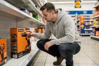 Un homme examine une perceuse Parkside dans le rayon outillage d'un magasin Lidl