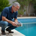 Homme examinant un filtre de piscine dans un jardin