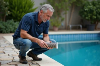 Homme examinant un filtre de piscine dans un jardin