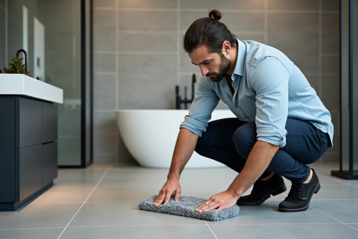 Homme inspectant la tête microfibre d'un balai lave sols dans une salle de bain moderne en carrelage gris