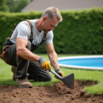 Homme d'âge moyen levelant la terre pour piscine dans jardin