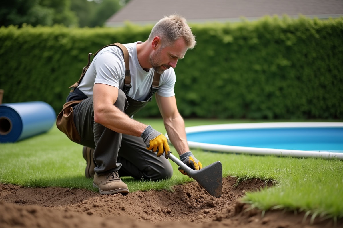 Homme d'âge moyen levelant la terre pour piscine dans jardin