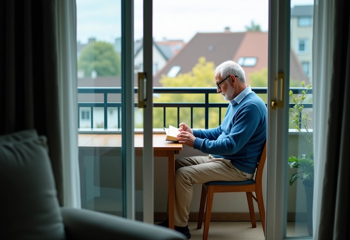 Homme âgé lisant un livre sur un balcon moderne