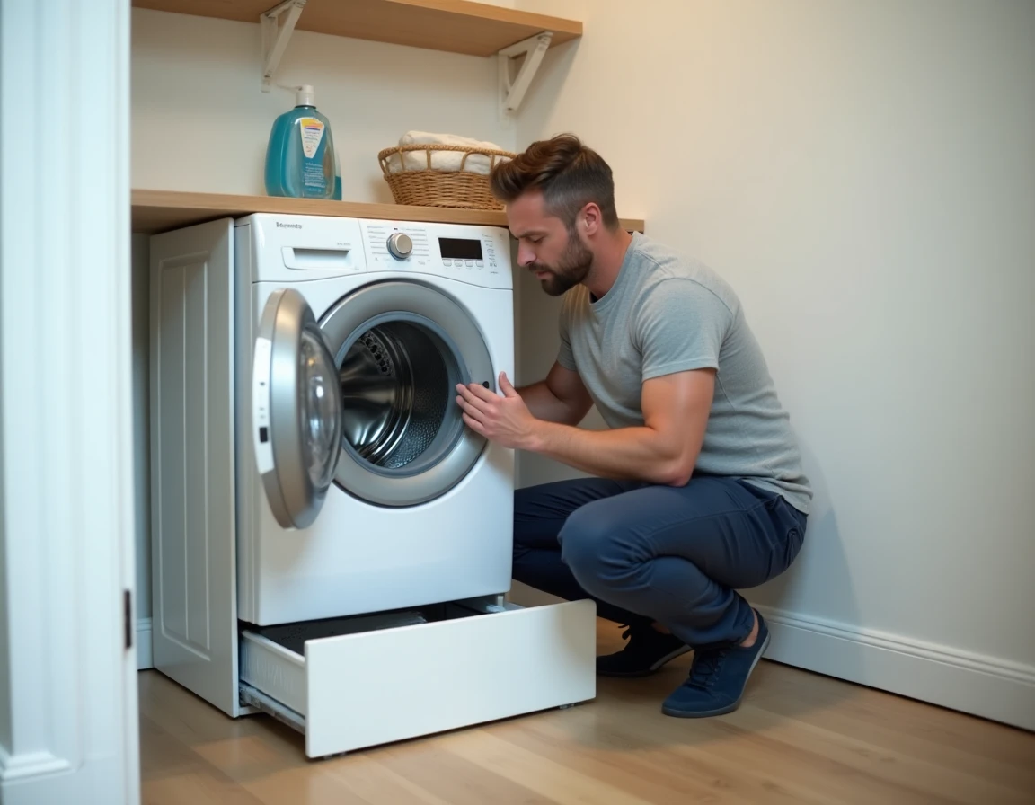 Homme inspectant une machine à laver sur socle surélevé dans un espace buanderie compact