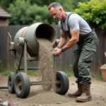 Homme en tenue de chantier verse un mélange de ciment dans un bétonnière