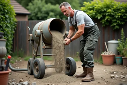 Homme en tenue de chantier verse un mélange de ciment dans un bétonnière