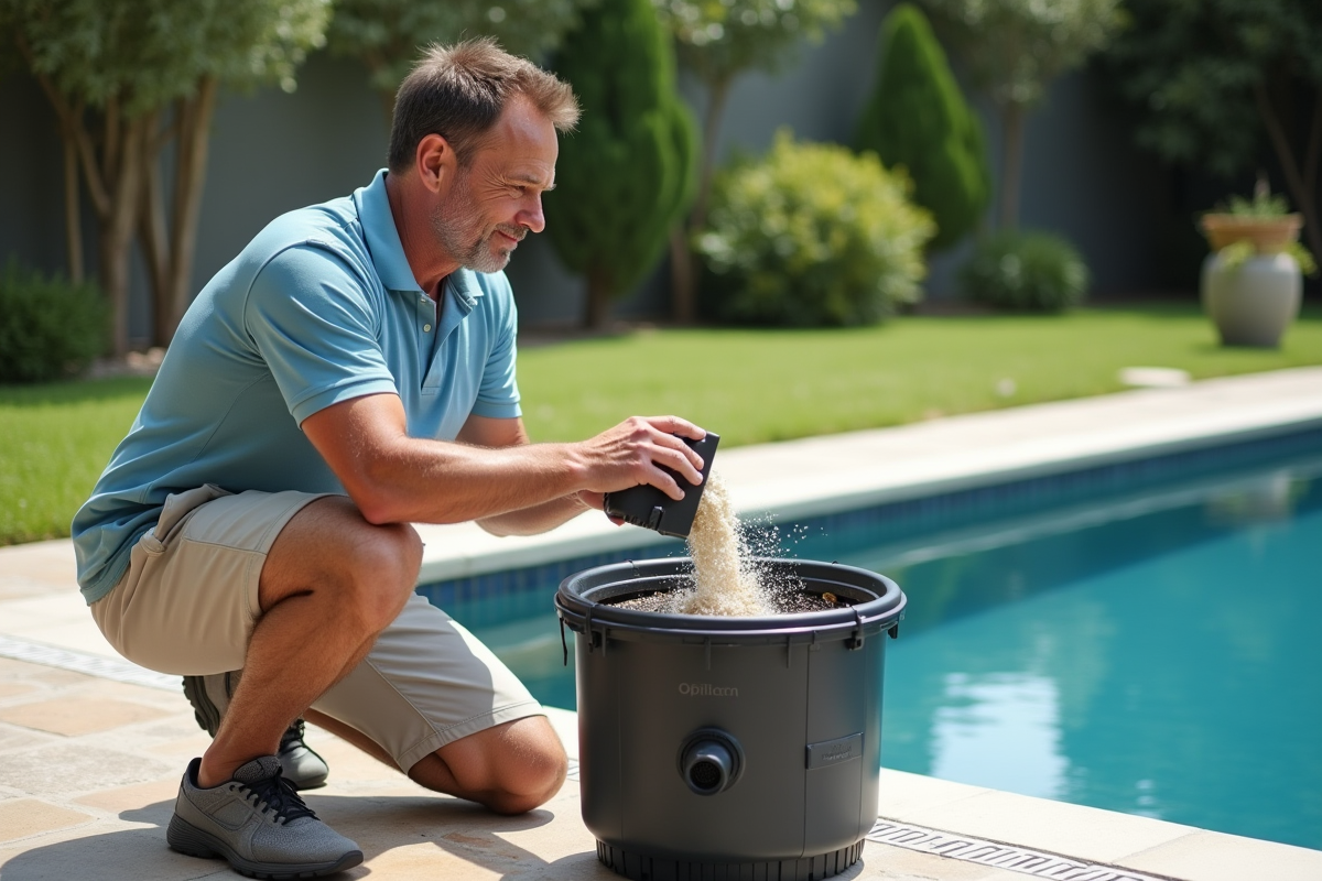 Homme d'âge moyen nettoyant un filtre de piscine extérieur