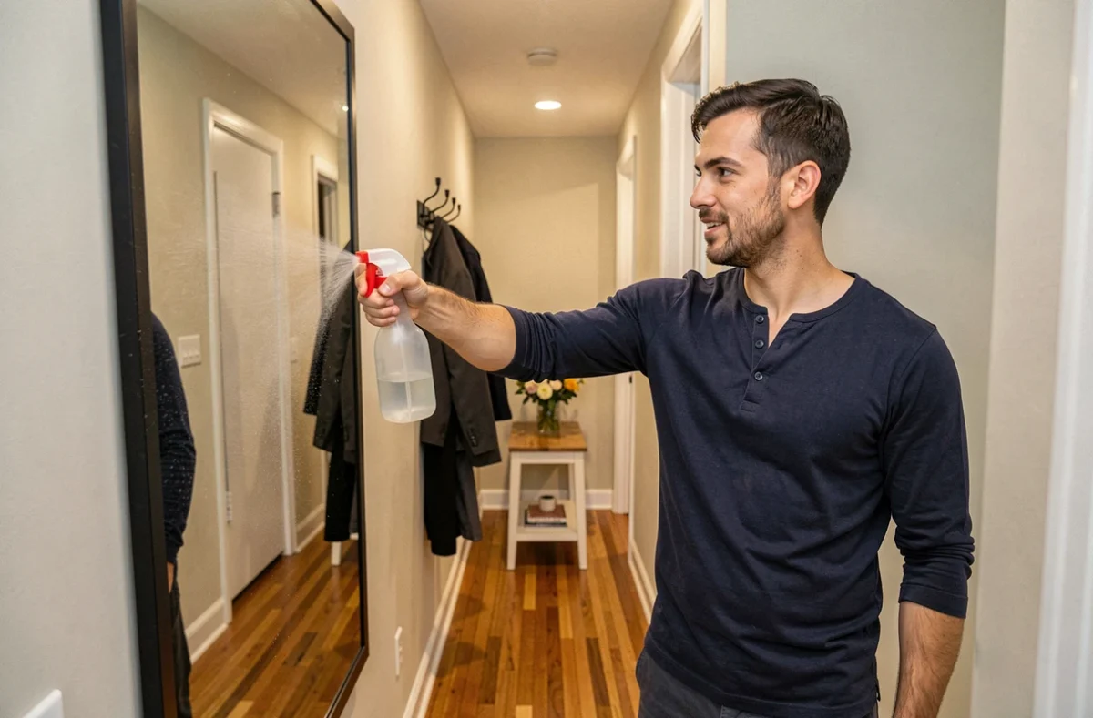 Homme pulvérisant une solution nettoyante sur un grand miroir de couloir avant une réception
