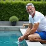 Homme d'âge moyen nettoyant la piscine extérieure