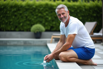 Homme d'âge moyen nettoyant la piscine extérieure