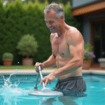 Homme d'âge moyen nettoyant la piscine avec un filet