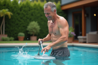 Homme d'âge moyen nettoyant la piscine avec un filet